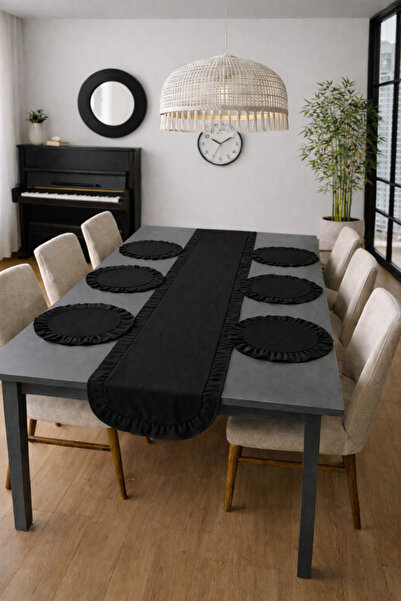 ÇIQRIK HOME 7 Parça Masa seti Siyah renk 6 Adet Amerikan Servisi Supla + 1 Ad...