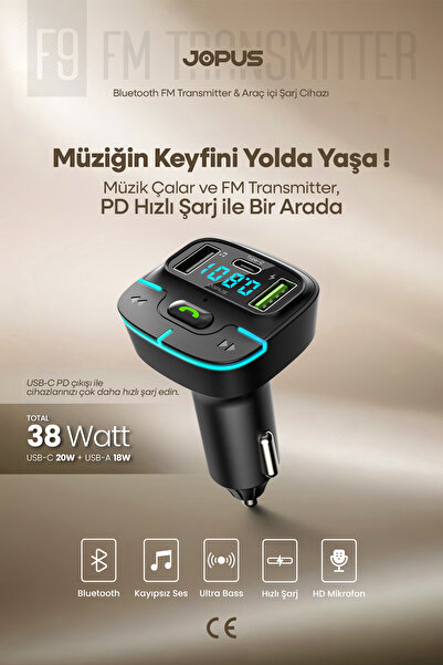 Jopus Bluetooth FM Transmitter Araç Kiti, Hızlı Şarj,USB, Type-C, HD Mikrofon