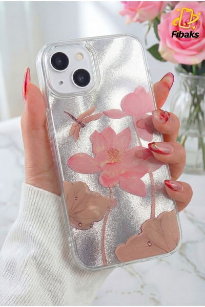 Fibaks iPhone 13/14/15 Kılıf Hologramlı Pembe Nilüfer Çiçeği Desenli Darbe Em...