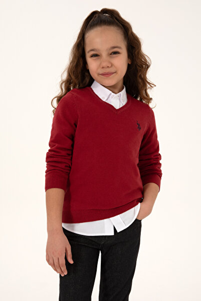 U.S. Polo Assn. سترة أساسية للبنات برقبة على شكل حرف V بلون الكرز 50294198-VR223