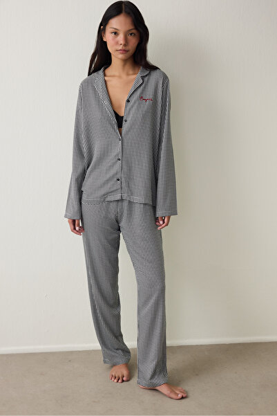 Penti Schwarzes Bonjour-Pyjama-Set mit Karomuster und Stickerei und Hemdkragen