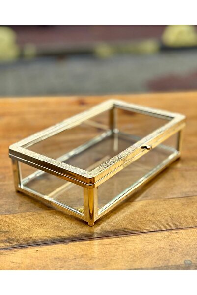 ÇerçiDede Cam Kutu Sunumluk Kapaklı Sandık Çikolata Şeker Ve Takı Kutusu 25x14 Cm Altın