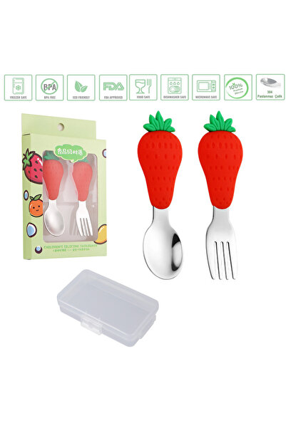 jojobebek Çilek Figürlü Premium Çocuk BPA'sız Silikon Saplı Paslanmaz Çelik U...