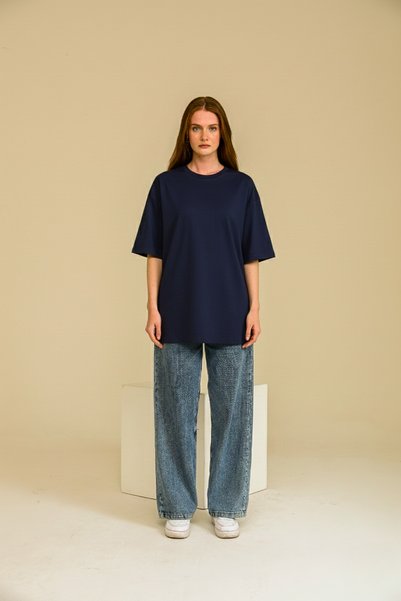 GUARAZ Women's Navy Blue Oversize Crew Neck 100% Organic Cotton Plain Basic Summer T-Shirt