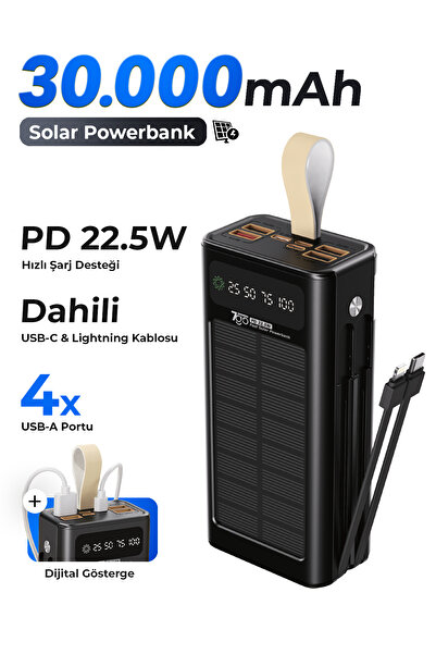 7GO GPW-09 30000mAh Güneş Enerjili Powerbank | PD 22.5W Hızlı Şarj | Dahili T...