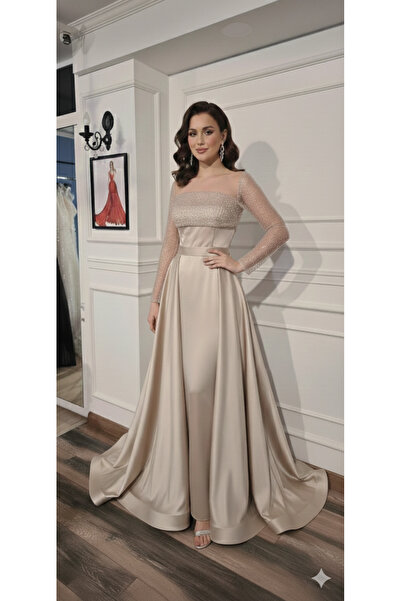 makbuleofficial Bej Renk Saten,Takma Etekli,Boncuklu Kumaştan,Söz Nişan Elbisesi