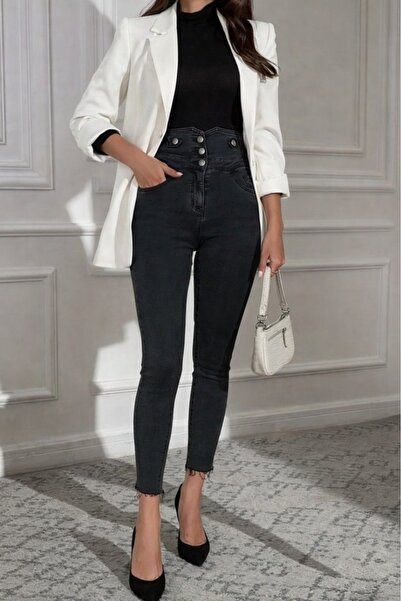 Genel Markalar Gökyüzü Moda Kadın Yüksek Bel önden Düğmeli Cepli Dar Kesim De...