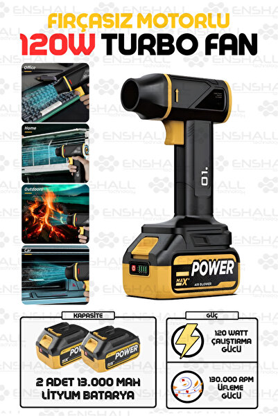 Enshall 130.000 RPM Ultra Güçlü Şarjlı Üfleme Cihazı Auhma Jetfan Çift Batary...