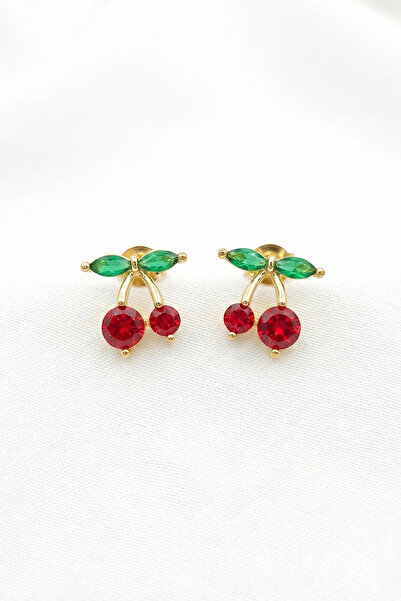 özgül takı ve tasarım Paslanmaz Çelik Altın Renk Kiraz Desenli Kadın Küpe