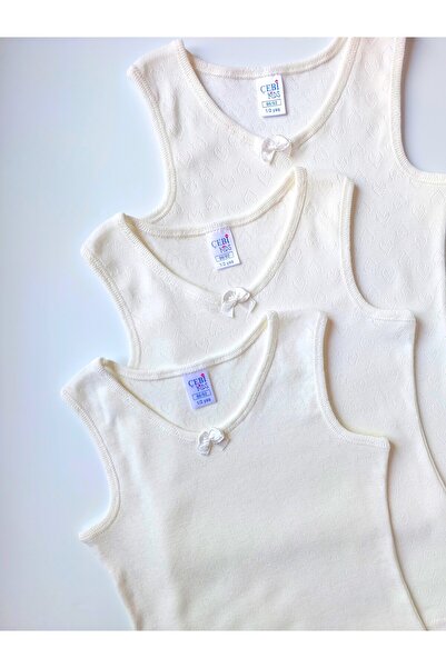 ÇebiKids Girl's 100% Cotton Ecru/Retro Jacquard Thick Strap Undershirt 3-pack