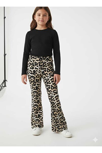 Yonca Çocuk Civelek 0113 Çocuk Ispanyol Paça Fitilli Leopar Tayt Kız Çocuk Pa...