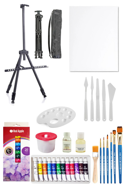 ACUTO 3 Ayaklı Şövale Seti Red Apple Yağlı Boya Seti 12li Metal Şövale 35x50 ...