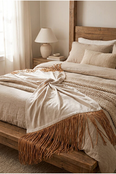 BOHO BALİ HOME El Yapımı Rafya püsküllü Yatak Runner Koltuk Şalı Örtüsü