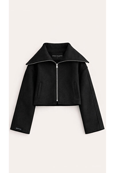 Perryes Norra Black Women's Short Coat - Wide Collar and Zipper Detail