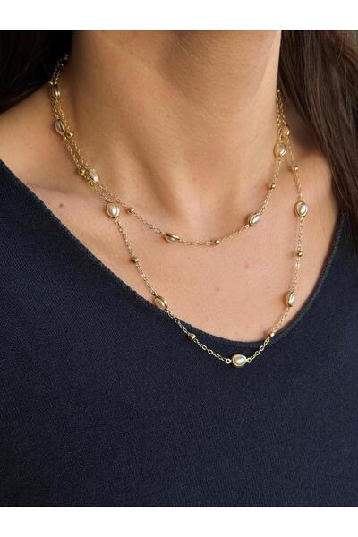 Luseda قلادة طويلة بطول 90+5 سم ذات مظهر لؤلؤي ذهبي اللون مع تفاصيل بيضاوية