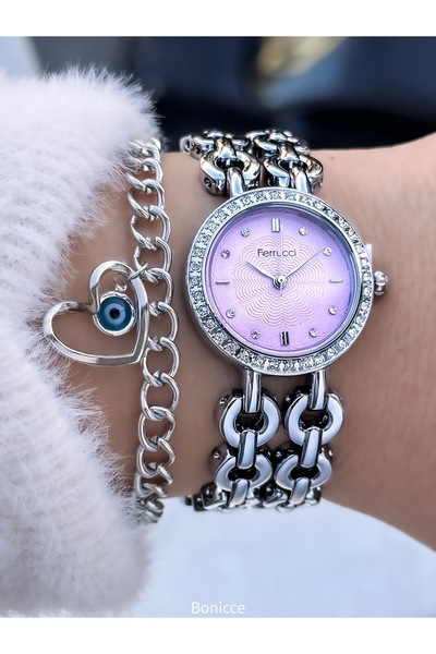 Ferrucci العلامة التجارية، لون الورد، سوار فولاذي، ساعة يد نسائية مع سوار خرز...