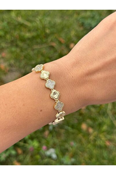 Luseda Dört Yapraklı Yonca Taşlı Gold 17+2CM Ayarlanabilir Bileklik