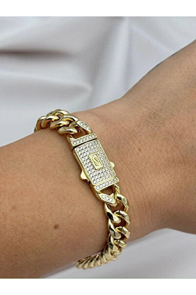 Luseda Gurmet Zincir Gold Kaplama 17CM Zirkon Taşlı Çelik Bileklik