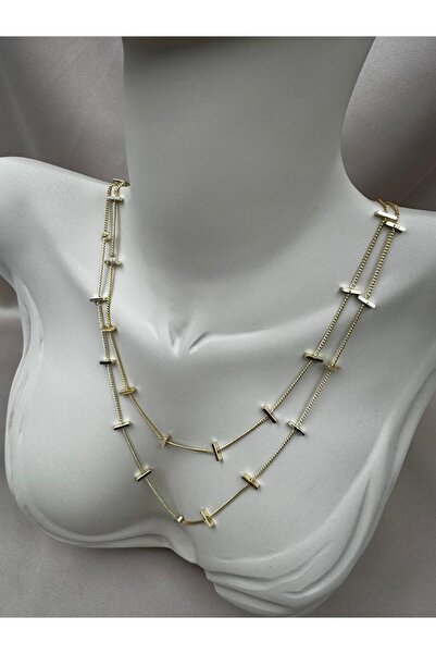 Luseda Çok Katlı Dikdörtgen Detaylı Ayarlanabilir Gold Zincir Kolye