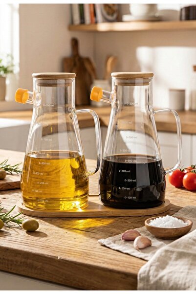 Vivien Home Bambu Kapaklı Vakumlu Borosilikat 3'lü Set Cam Yağlık Sirkelik Ba...