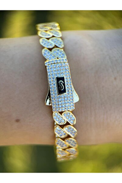 Luseda Zirkon Taşlı Gurmet Kelepçe Çelik VIP Gold Bileklik Çap 6.5CM