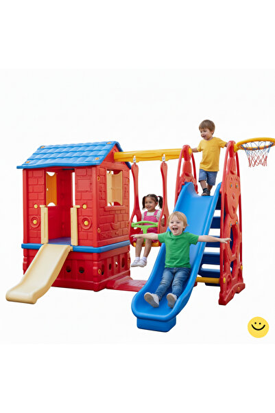 MUPARK Oyun Evi Kaydırak Salıncak Basket Potası 3'ü 1 Arada Set Bahçe Kreş An...