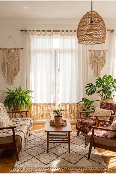 BOHO BALİ HOME Rafya Püsküllü Doğal Kumaş Bohem Perde