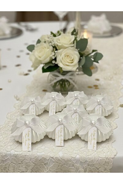 Candles Flame 10 Adet İncili Keten Kurdeleli İstiridye Kutuda Mum - Nikah, Ni...