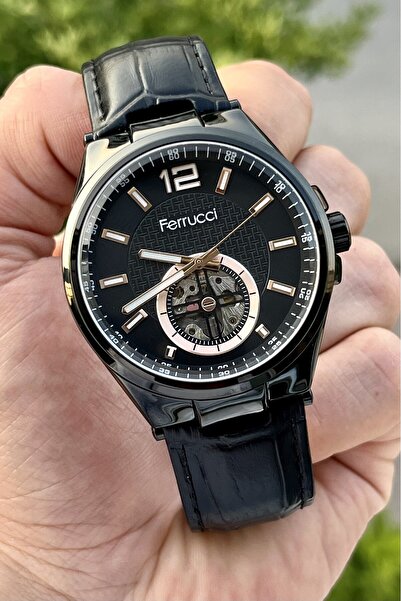 Ferrucci Black Color Automatic Leather Cord Men Wristwatch