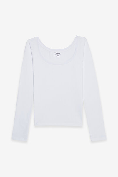 Women's Oval Neck Long Sleeve Basic Cotton Blouse White