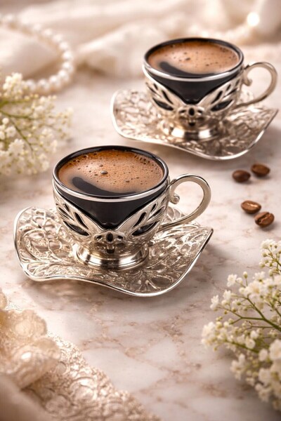 E orient طقم تقديم القهوة التركية مكون من 2 فنجان قهوة معدني، طقم فناجين قهوة...