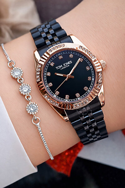 Tom Jones Orjinal 2 Yıl Garantili Kadın Kol Saati Taşlı Rose Gold Renk+Bilekl...