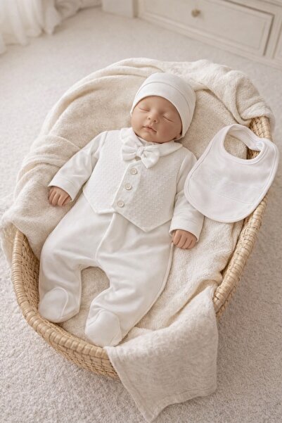 Babydola erkek bebek hastane çıkışı yelekli papyonlu model