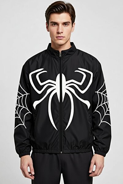 Lushen Siyah Beyaz Örümcek Unisex Motorcu Yağmurluk Rüzgarlık İnce Ceket