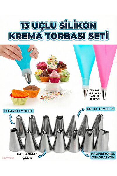 LOVYCO 13 Parça Silikon Takım Krema Sıkma Torbası Pasta Krema Torbası Kek Süs...