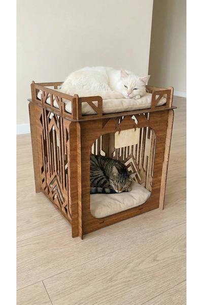 Pawudio Ahşap Özel İsim Baskılı Modern Tasarım MDF Kedi ve Köpek Evi – İç Mek...