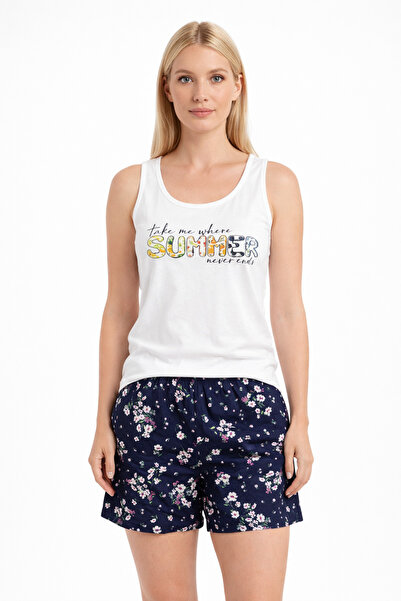 Fenne Γυναικείο σετ με λευκό μπλουζάκι με στάμπα & ναυτικό μπλε σορτς με λουλ...