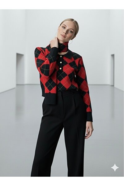 peri tower New Season Women's Diamond Pattern Knitwear Sweater & Scarf Set 0063