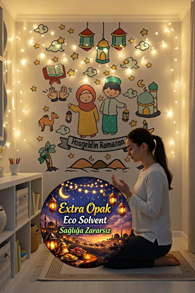 Kt Grup - Ramazan Ayı Temalı Süsleme Sticker Cami ve Ramazan Figürleri Cam Du...