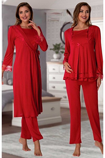 Effortt طقم بيجامة للحوامل للسيدات 2054 مع ثوب صباحي بلون الكرز