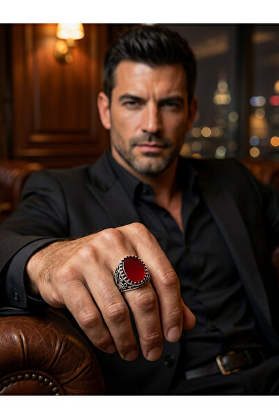 Hertaş 925 Ayar Gümüş Kırmızı Akik Taşlı Erkek Yüzük