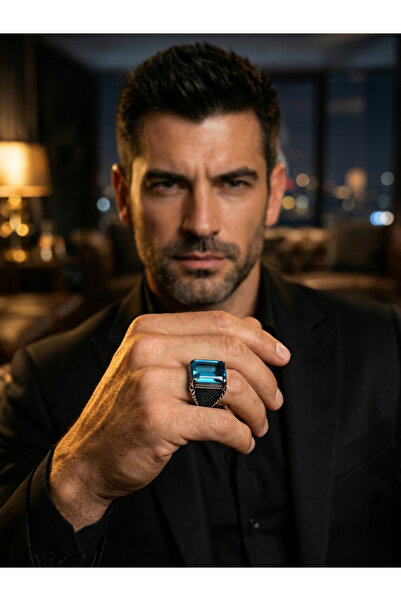 Hertaş 925 Ayar Gümüş Aqua Marine Taşlı Erkek Yüzük