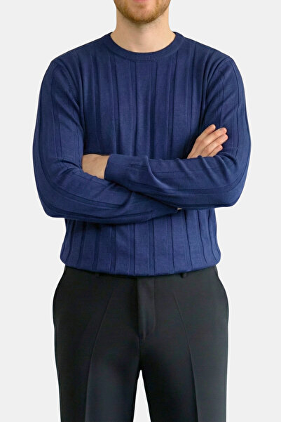 HAVANO Men's Navy Blue Crew Neck Corded Fabric Knitted Sweater