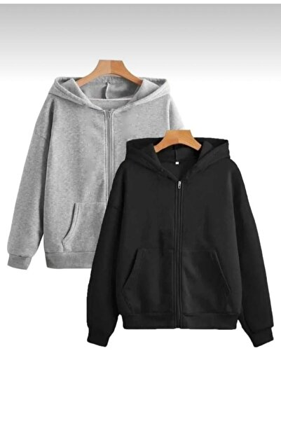 Oceanwear Women-Men 2-Piece Sweatshirt Zippered Hooded Grey-Black Cardigan