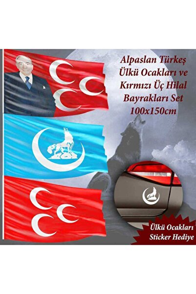 Genel Markalar Alpaslan Türkeş-Ülkü Ocakları-Kırmızı Üç Hilal 100x150cm -Raşe...