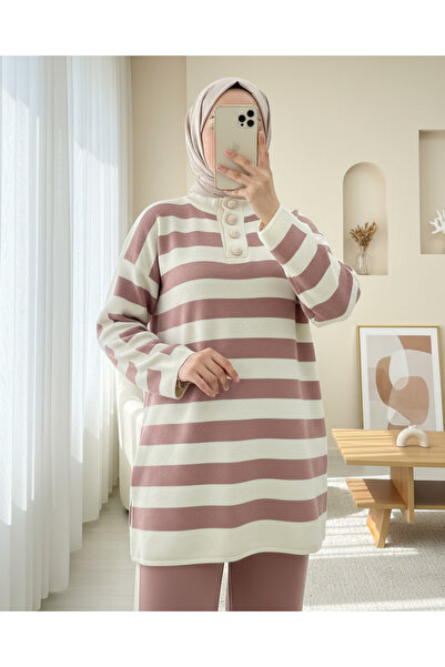 HİJABAYA Σετ πλεκτών με χοντρές ρίγες με κουμπιά στο λαιμό