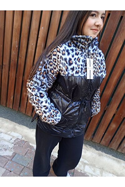 Masal Dik Yaka Mavi Leopar Desen Kapitone Mont
