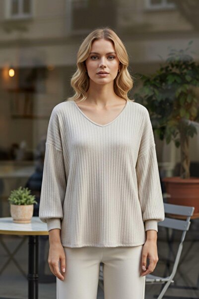 Mossta V-Neck Ribbon Detailed Fleece-Lined Ribbed Knit Blouse - Beige