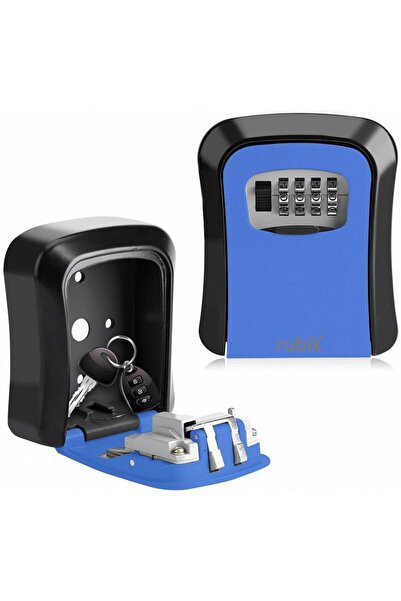 RUBIK صندوق أمان لتخزين المفاتيح، صندوق قفل حائطي بأربعة أرقام - أسود/أزرق