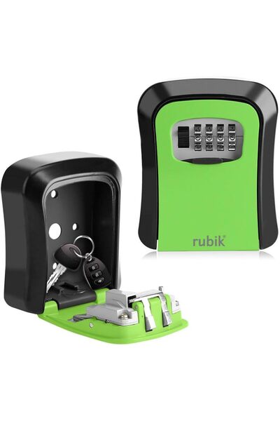 RUBIK صندوق تخزين المفاتيح الآمن - قفل برقم سري قابل لإعادة الضبط مكون من 4 أ...